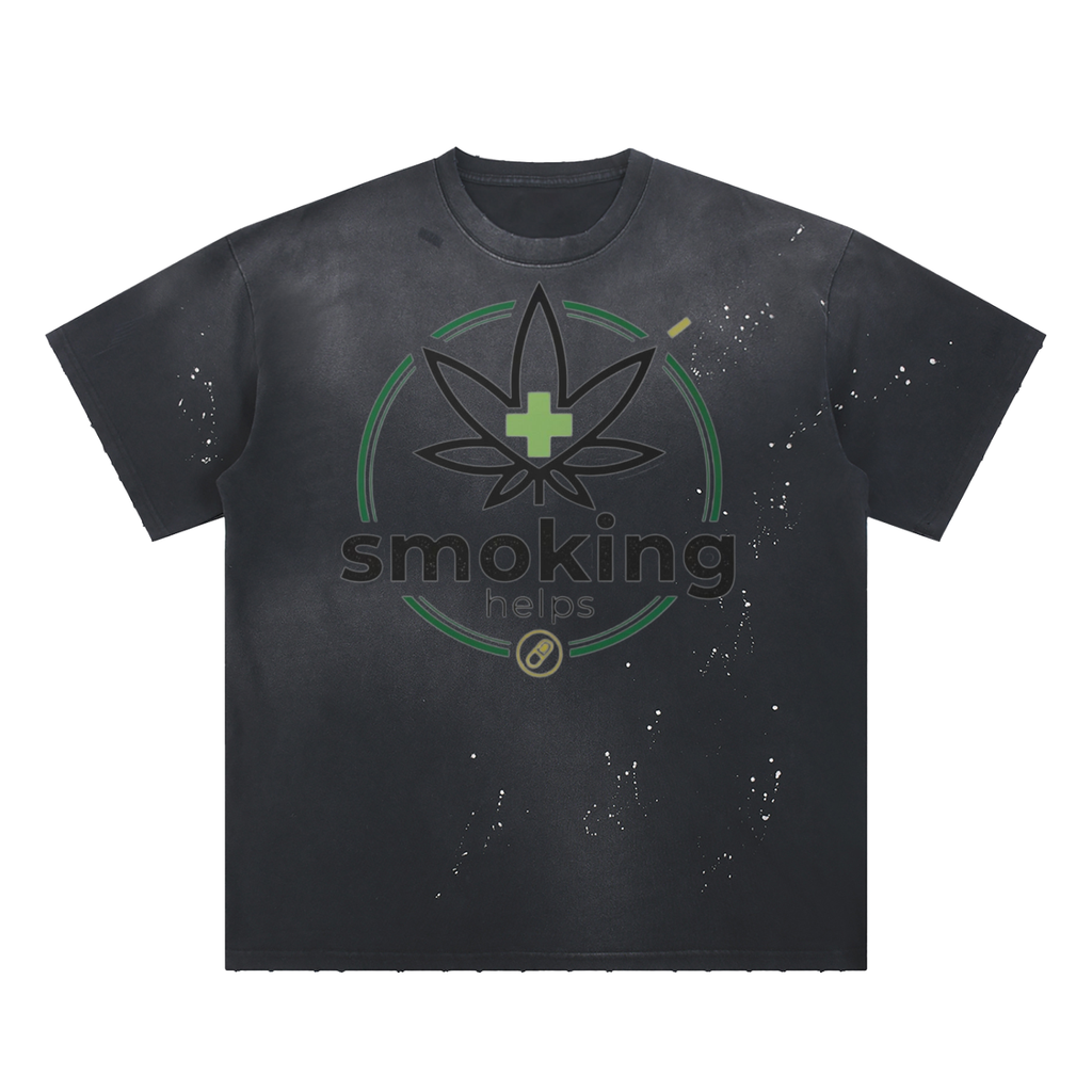Smoking Helps Hand-Frayed Sunfade Paint Splatter T-Shirt