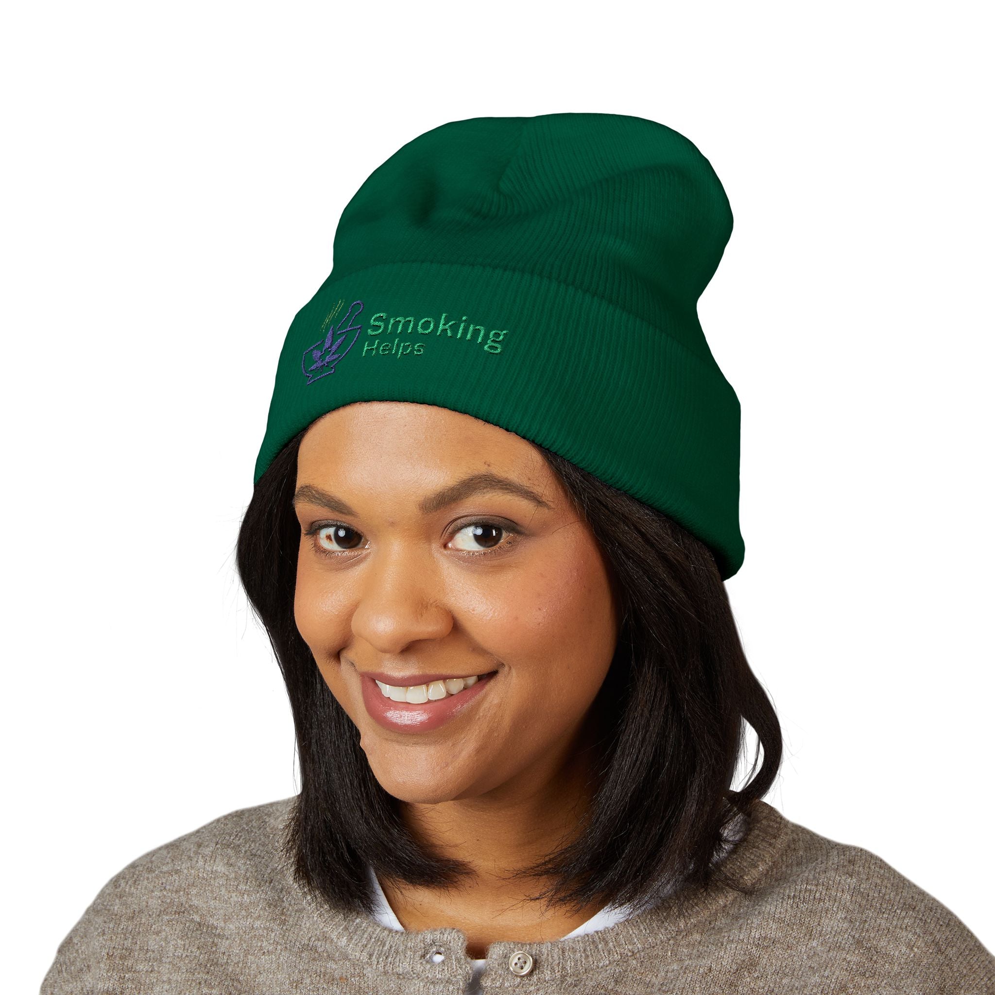 Smoking Helps Embroidered Beanie - Cuffed Knit Hat
