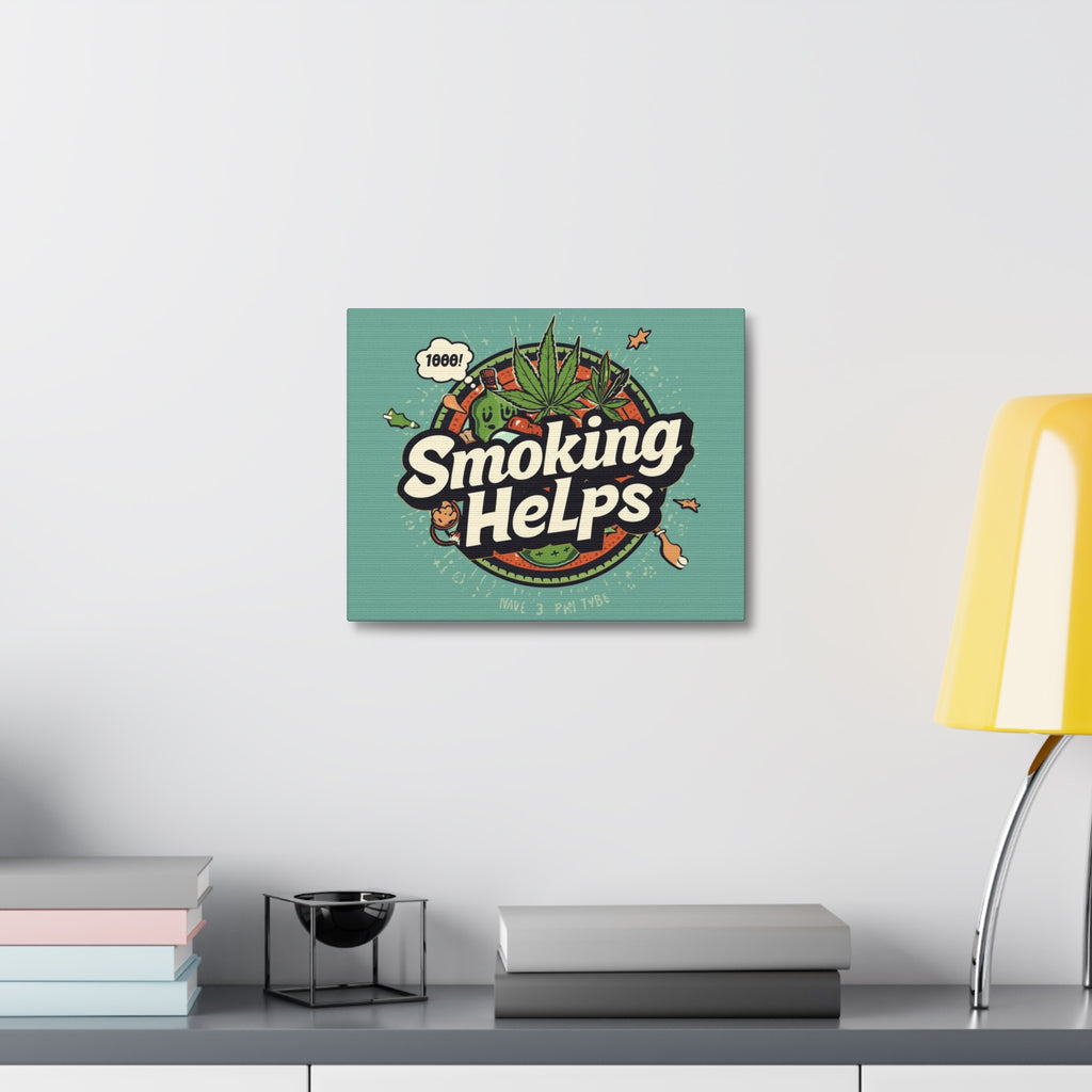 Smoking Helps Canvas Wall Art — Retro Cannabis Pop Art Stretched Matte Print