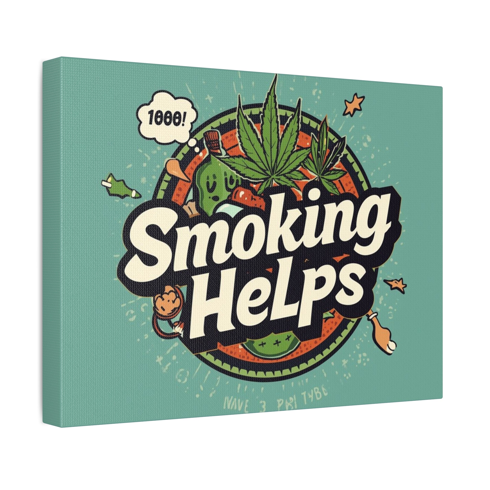 Smoking Helps Canvas Wall Art — Retro Cannabis Pop Art Stretched Matte Print