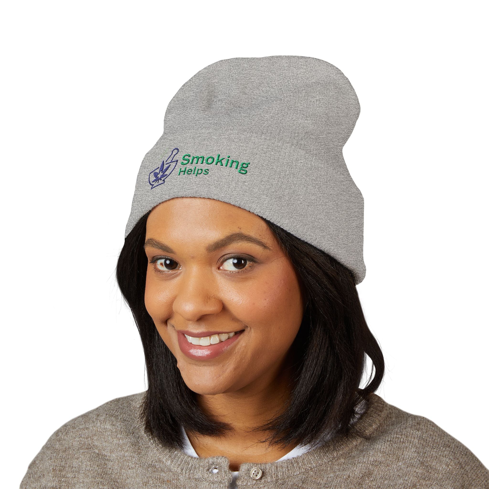 Smoking Helps Embroidered Beanie - Cuffed Knit Hat