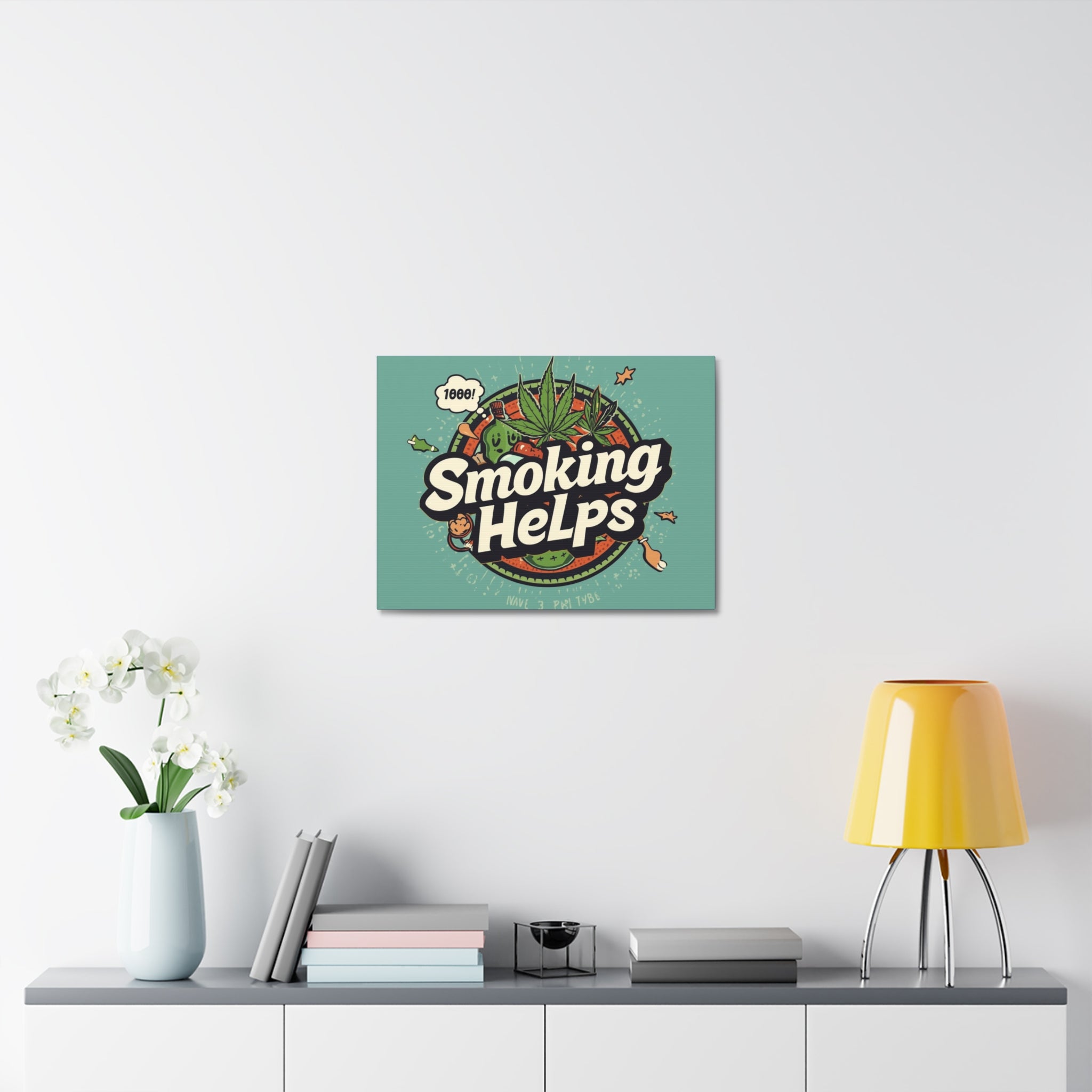 Smoking Helps Canvas Wall Art — Retro Cannabis Pop Art Stretched Matte Print