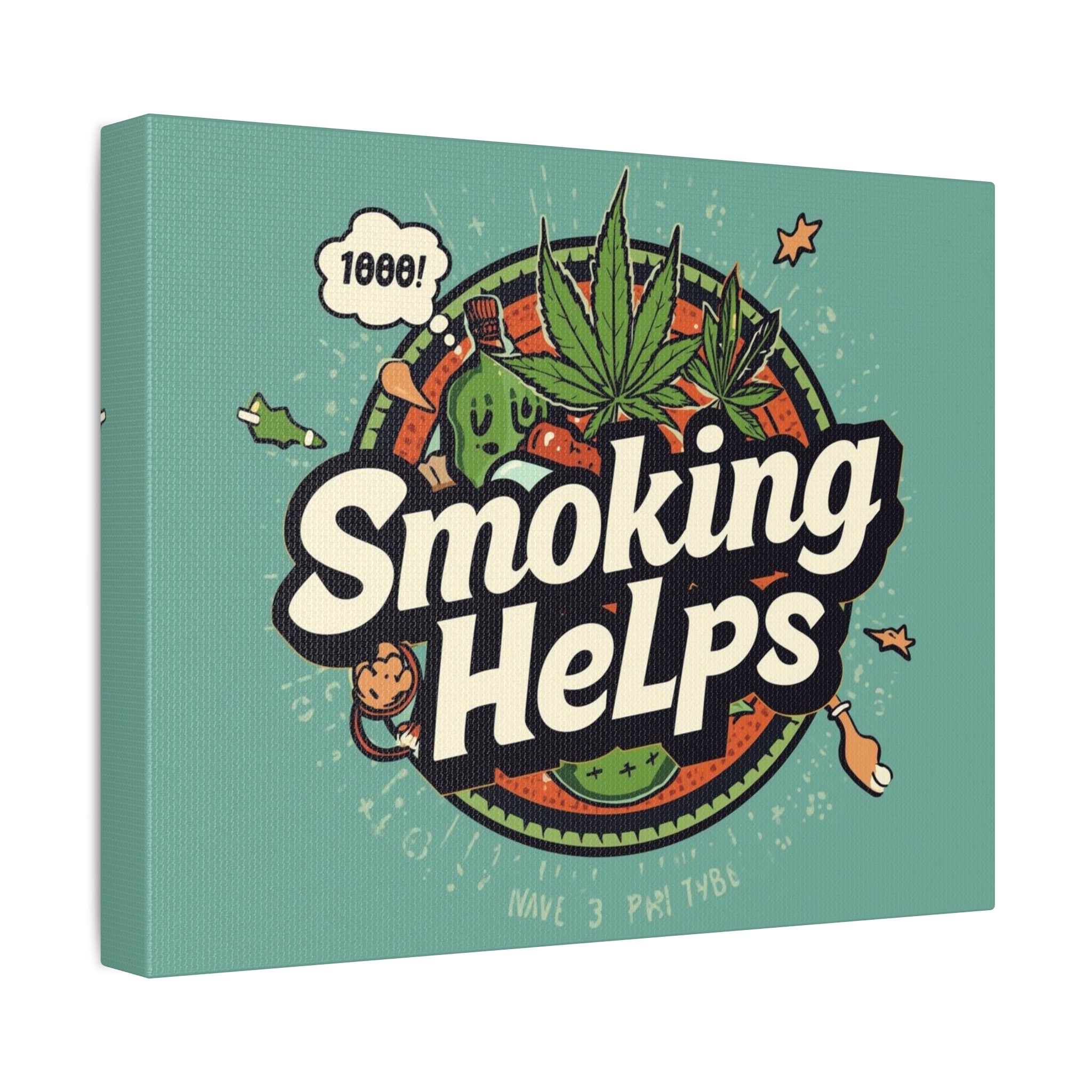 Smoking Helps Canvas Wall Art — Retro Cannabis Pop Art Stretched Matte Print