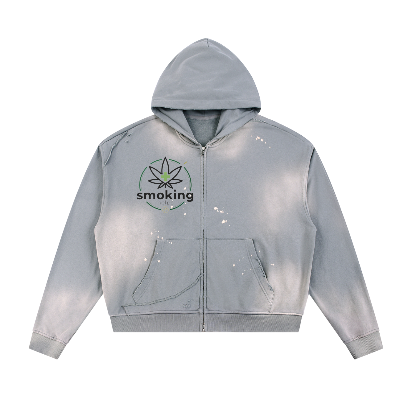 Smoking Helps Sun Fade Frayed Raw Edge Fleece Zip Hoodie