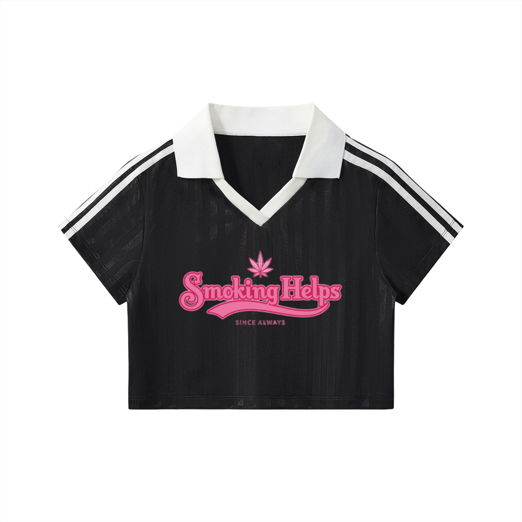 Smoking Helps Contrast Collar Striped Cropped Football Top