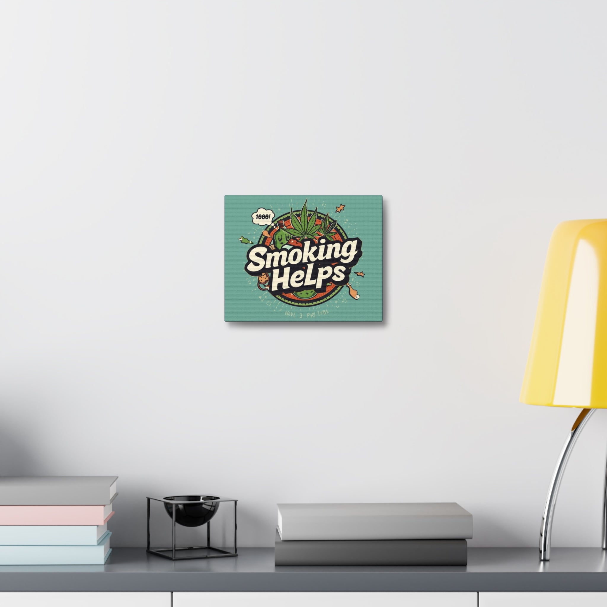 Smoking Helps Canvas Wall Art — Retro Cannabis Pop Art Stretched Matte Print