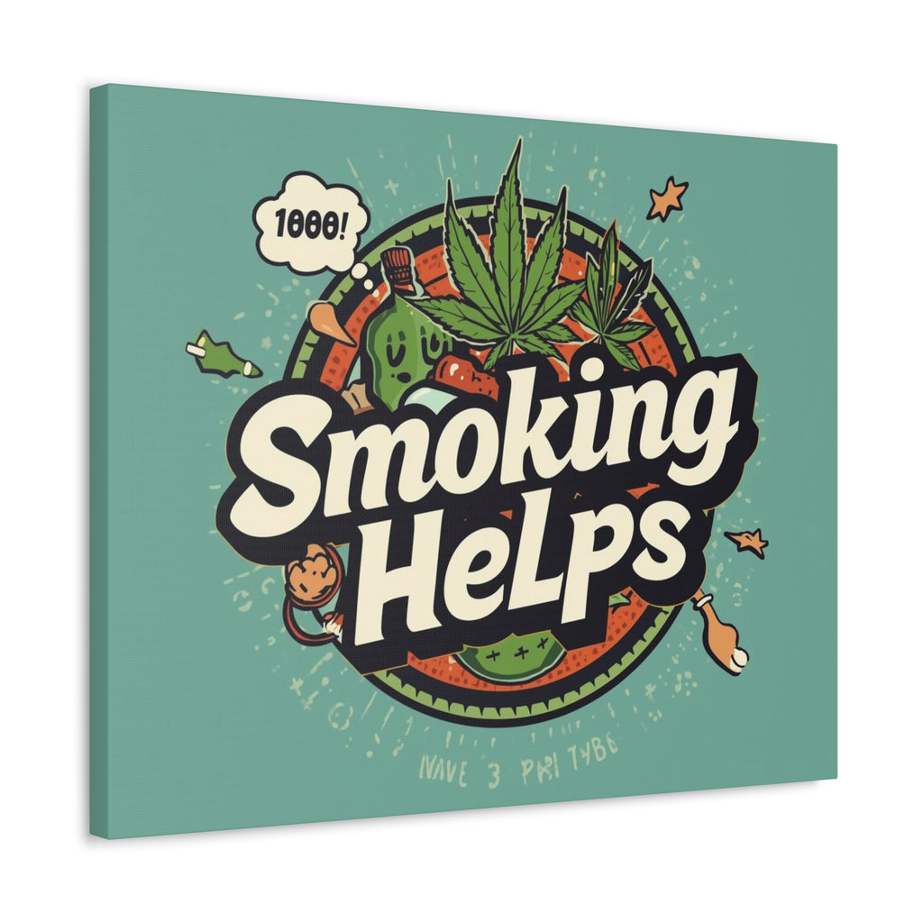Smoking Helps Canvas Wall Art — Retro Cannabis Pop Art Stretched Matte Print