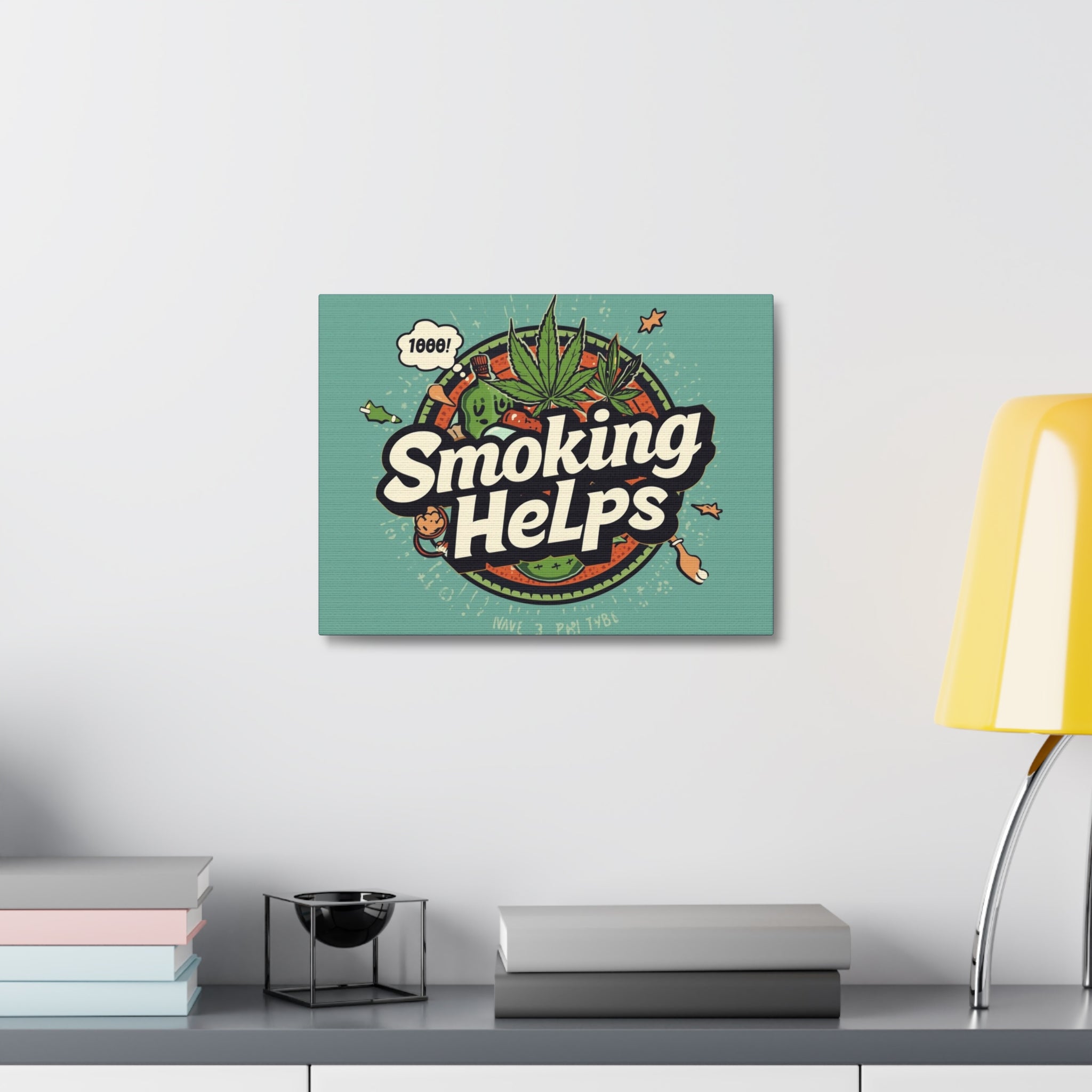 Smoking Helps Canvas Wall Art — Retro Cannabis Pop Art Stretched Matte Print
