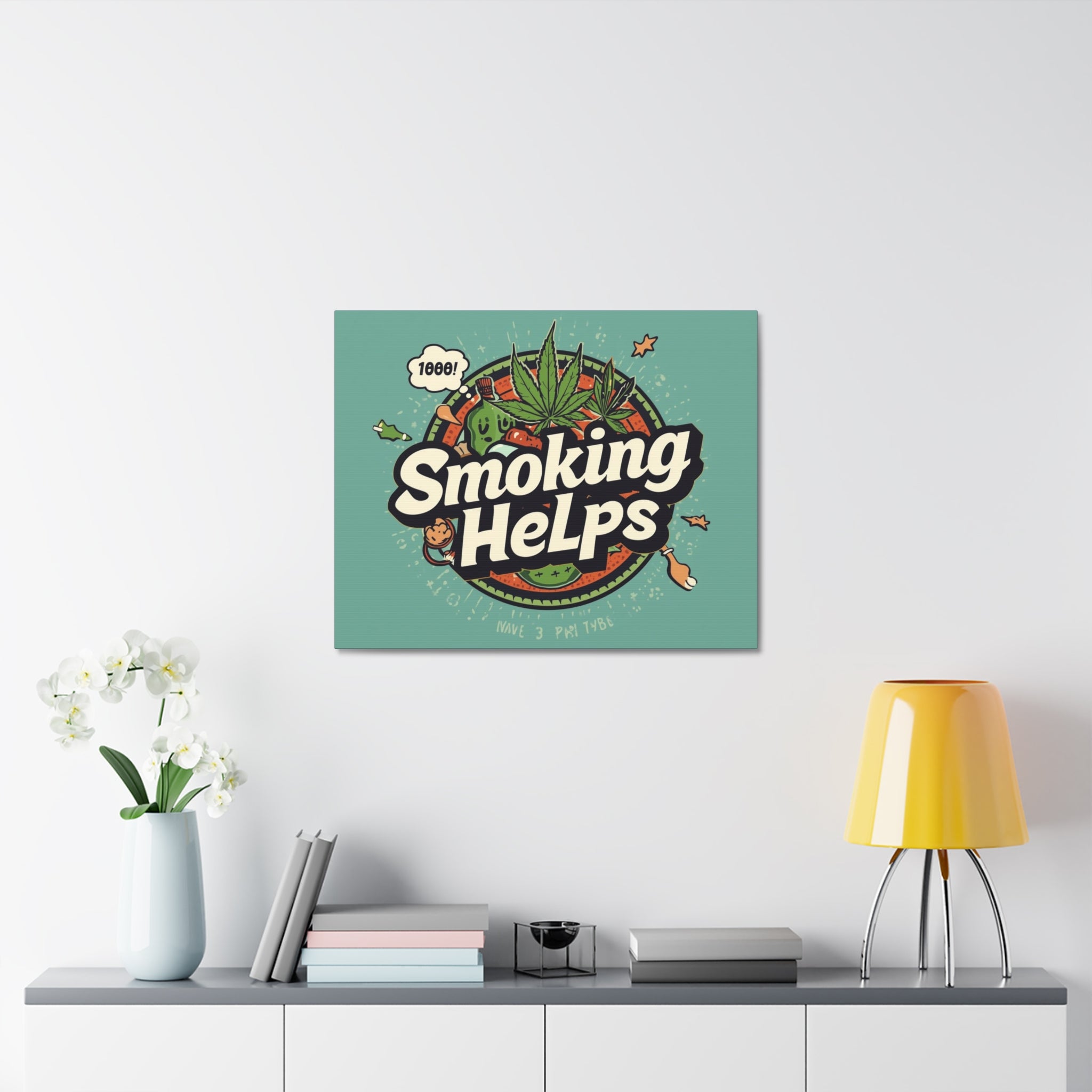 Smoking Helps Canvas Wall Art — Retro Cannabis Pop Art Stretched Matte Print