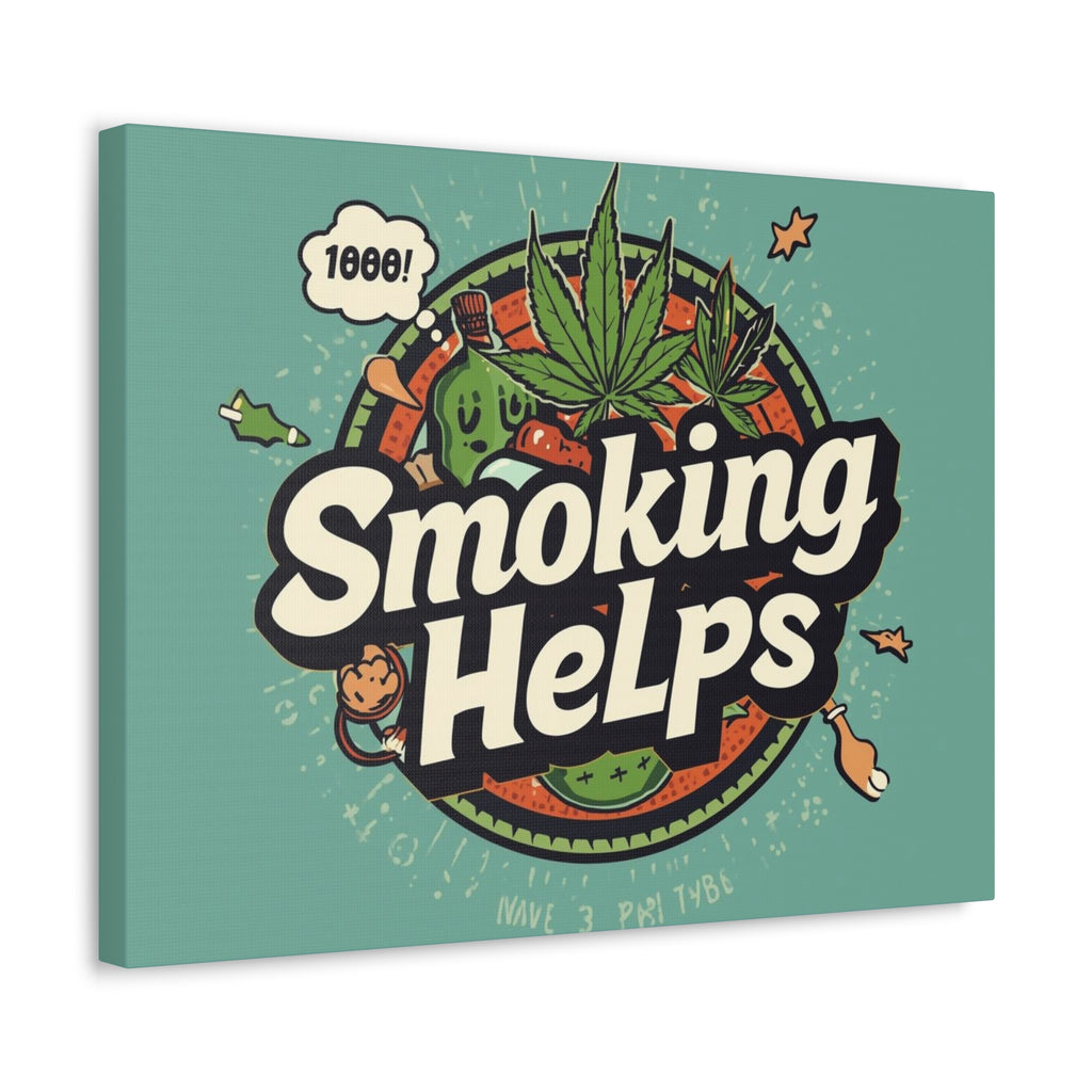 Smoking Helps Canvas Wall Art — Retro Cannabis Pop Art Stretched Matte Print
