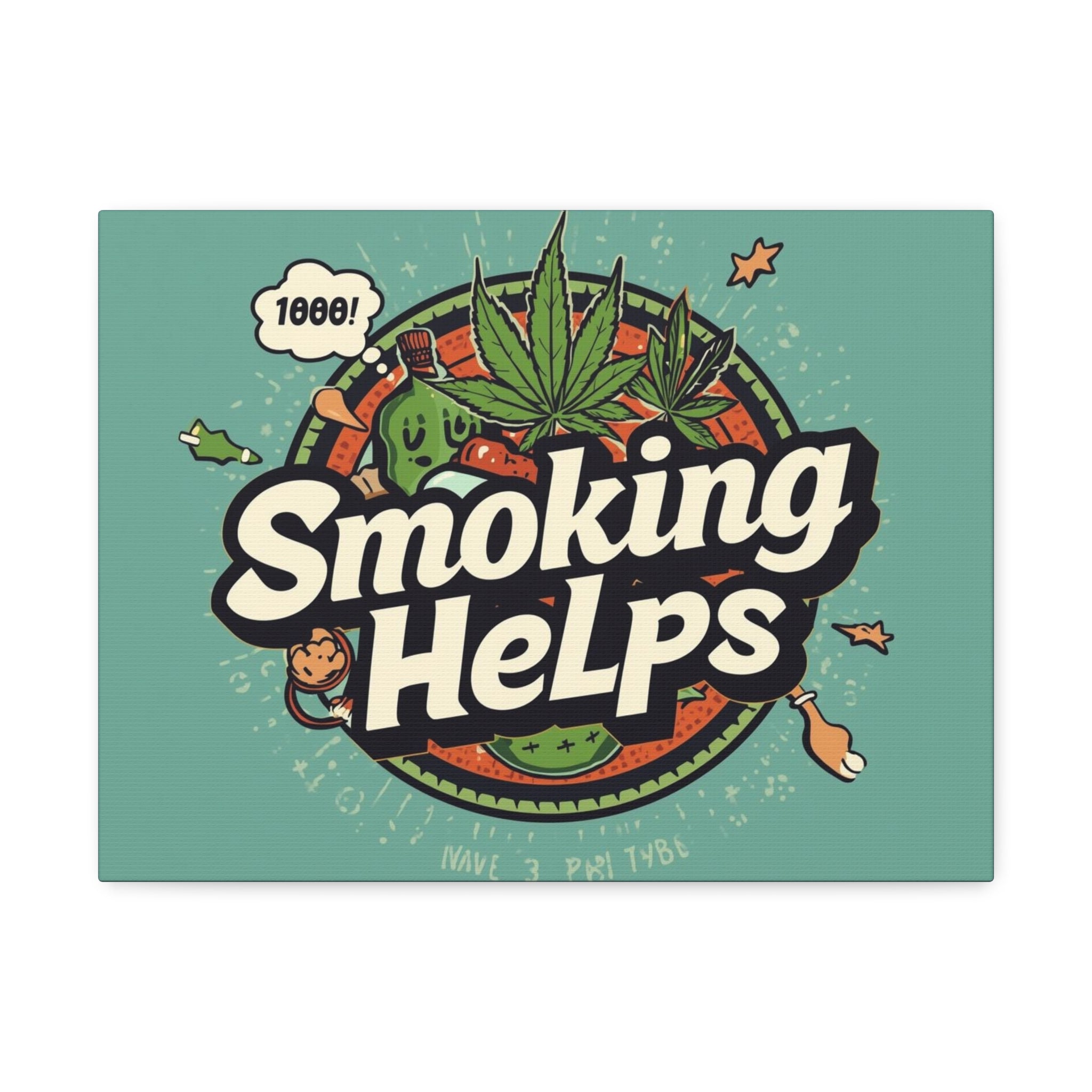 Smoking Helps Canvas Wall Art — Retro Cannabis Pop Art Stretched Matte Print