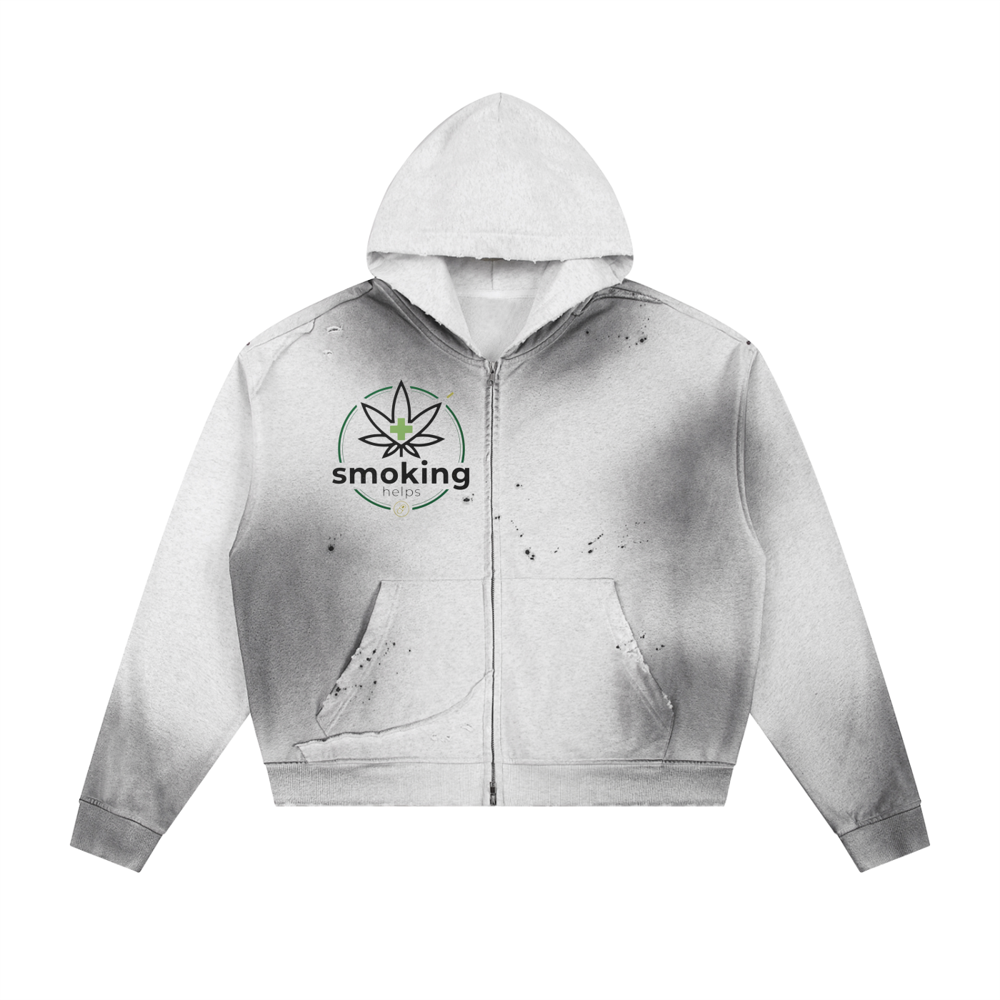 Smoking Helps Sun Fade Frayed Raw Edge Fleece Zip Hoodie