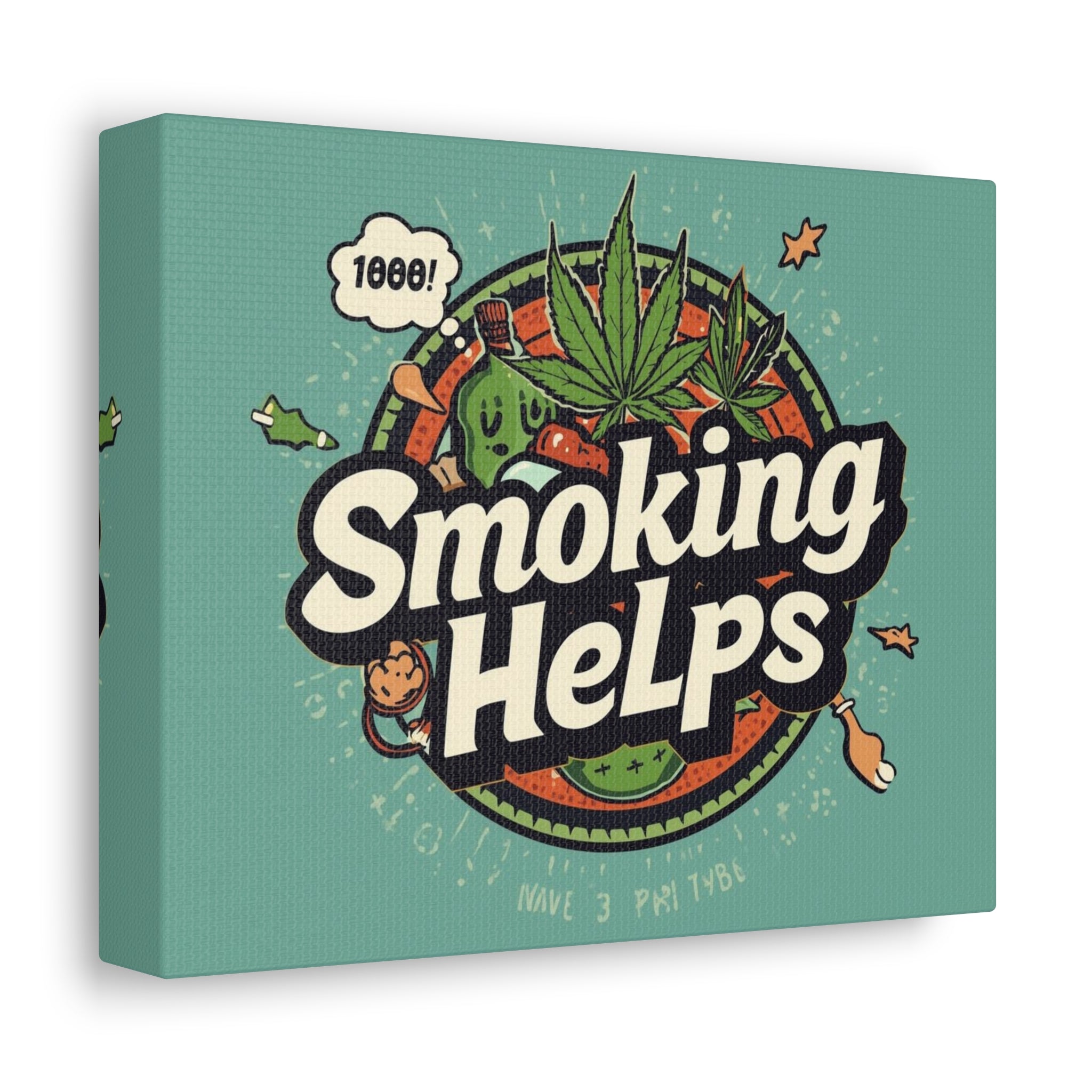 Smoking Helps Canvas Wall Art — Retro Cannabis Pop Art Stretched Matte Print